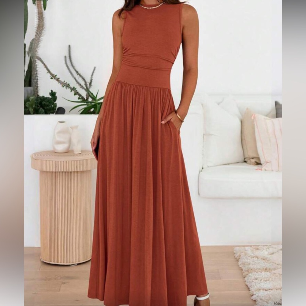 Elegant Rust Orange Sleeveless Maxi Dress